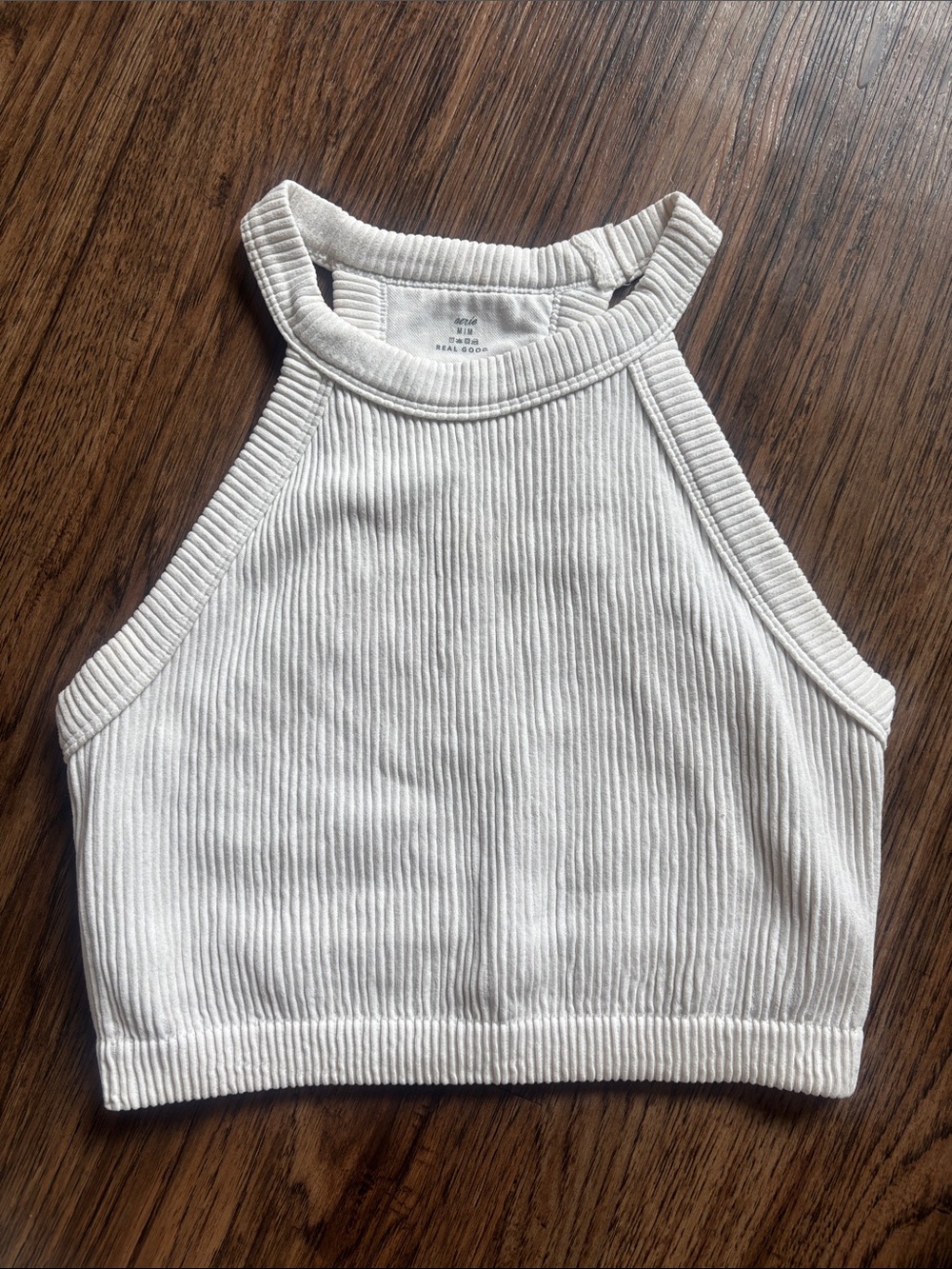 Aerie REAL GOOD Ribbed High Neck Halter Crop Tank Top Cream Off White Size M